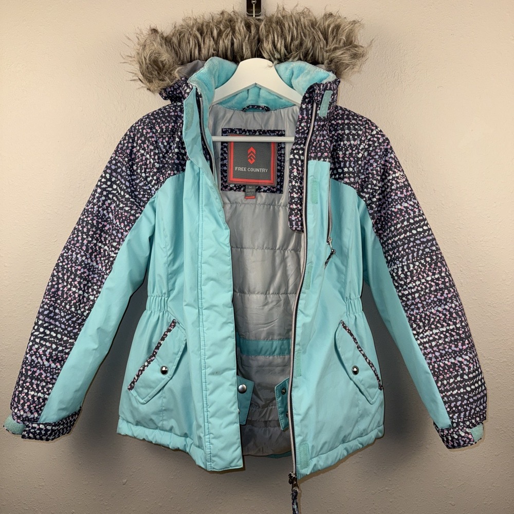 Free Country Girls 10/12 Aqua Blue Hooded Winter Jacket Faux Fur Removable Hood